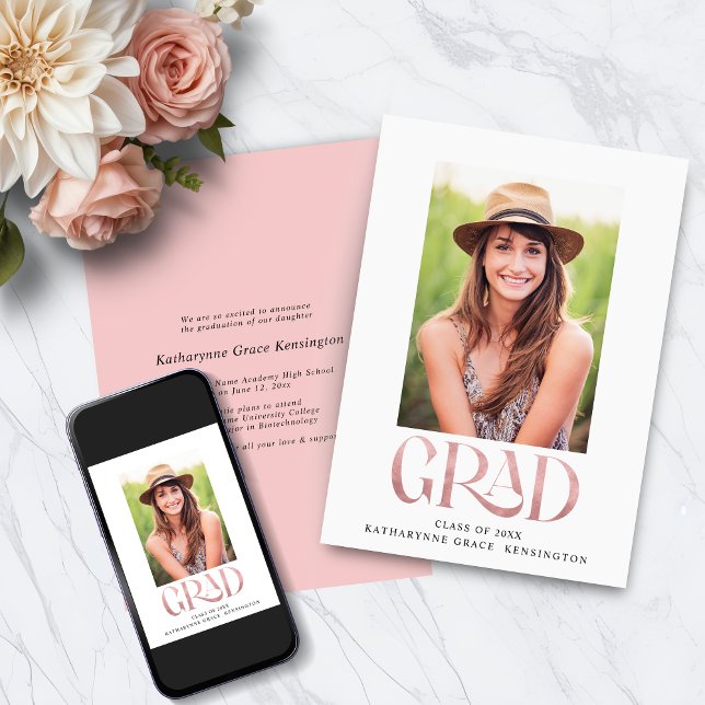 Modern Blush Pink Foil Typography Graduation Photo Announcement (Modern Blush Pink Foil Typography Graduation Photo Announcement with Instant download)