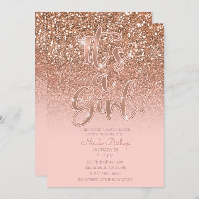 Modern Blush Pink Glam Glitter Girl Baby Shower Invitation (Front/Back)