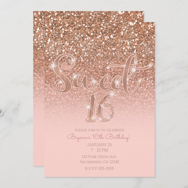 Modern Blush Pink Glam Glitter Sweet 16 Invitation (Front/Back)