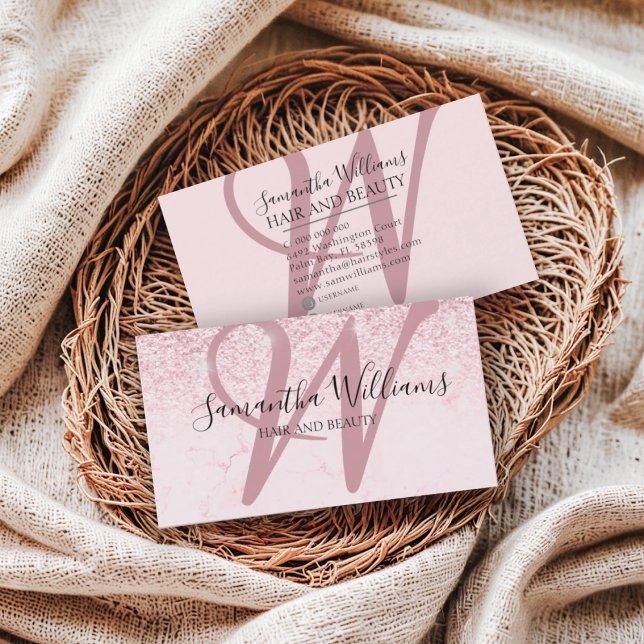Modern Blush Pink Glitter Monogram Hair Stylist Business Card (Creator Uploaded)