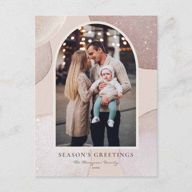 Modern Blush Pink Glitter Season's Greetings Photo Holiday Postcard (Front)