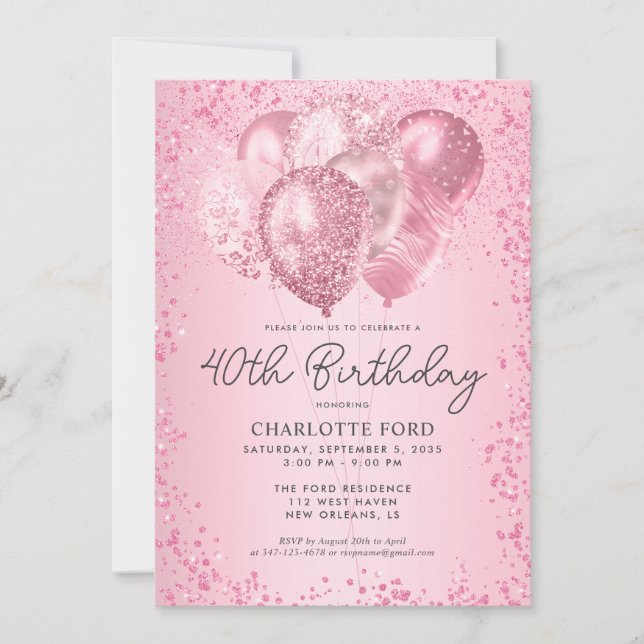 Modern Blush Pink Glitter Sparkle Balloon Birthday Invitation (Front)