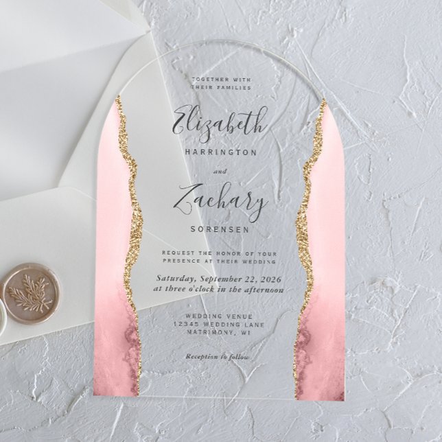 Modern Blush Pink Gold Agate Arch Wedding Acrylic Invitations (Creator Uploaded)
