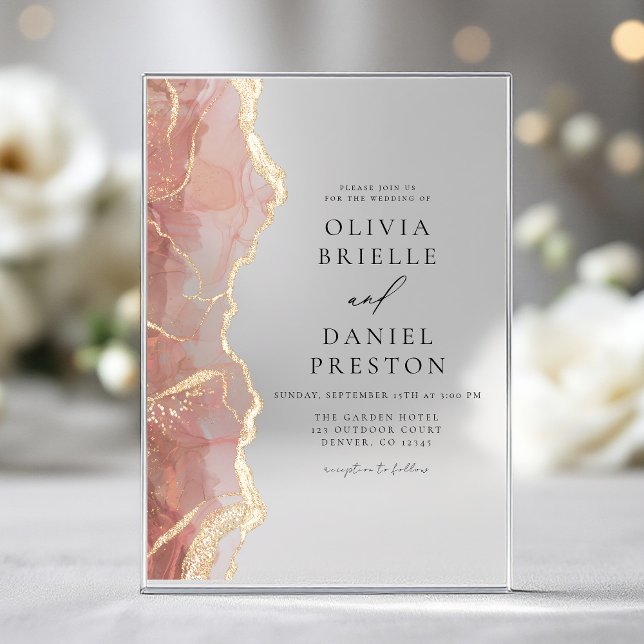 Modern Blush Pink Gold Agate Elegant Wedding Acrylic Invitations (Creator Uploaded)