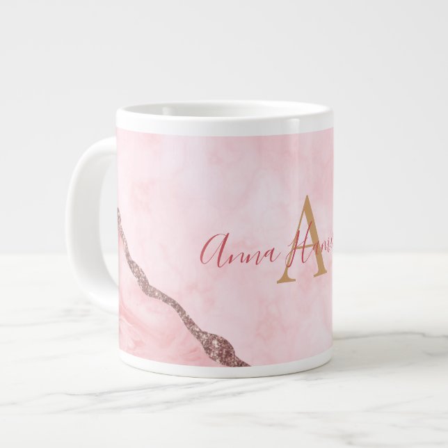 Modern Blush Pink Gold Agate Geode  Monogram Large Coffee Mug (Front Left)