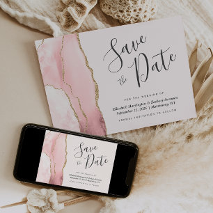Modern Blush Pink Gold Agate Save the Date Card
