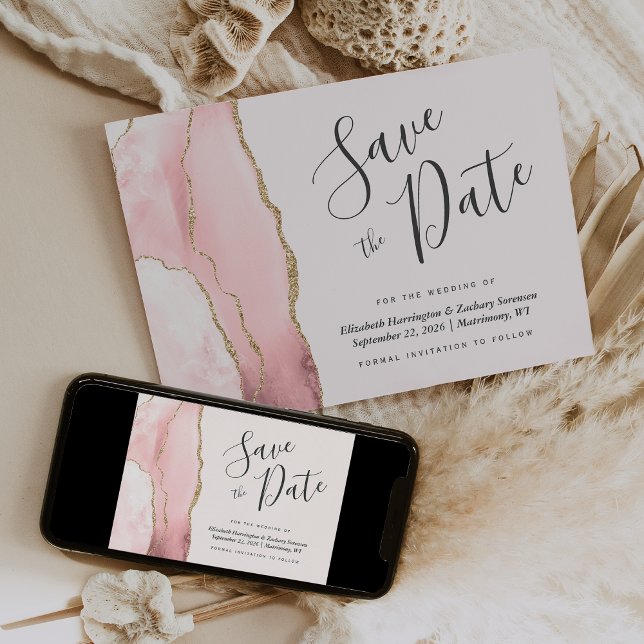 Modern Blush Pink Gold Agate Save the Date Card (Creator Uploaded)