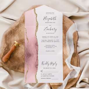 Modern Blush Pink Gold Agate Wedding All In One Invitation