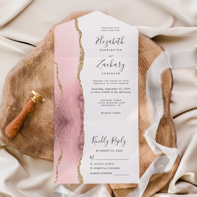 Modern Blush Pink Gold Agate Wedding All In One Invitation (Creator Uploaded)