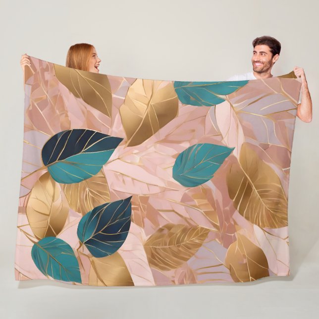 Modern Blush Pink Gold Boho Leaves Collection Fleece Blanket (In Situ)