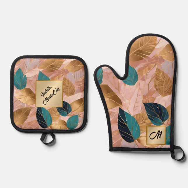 Modern Blush Pink Gold Boho Leaves Collection Oven Mitt & Pot Holder Set (Front)