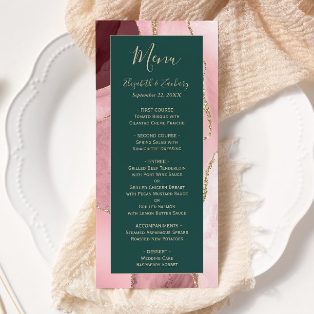 Modern Blush Pink Gold Emerald Green Agate Wedding Menu (Creator Uploaded)