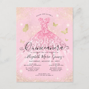 Modern Blush Pink Gold Glitter Gown Quinceanera Postcard