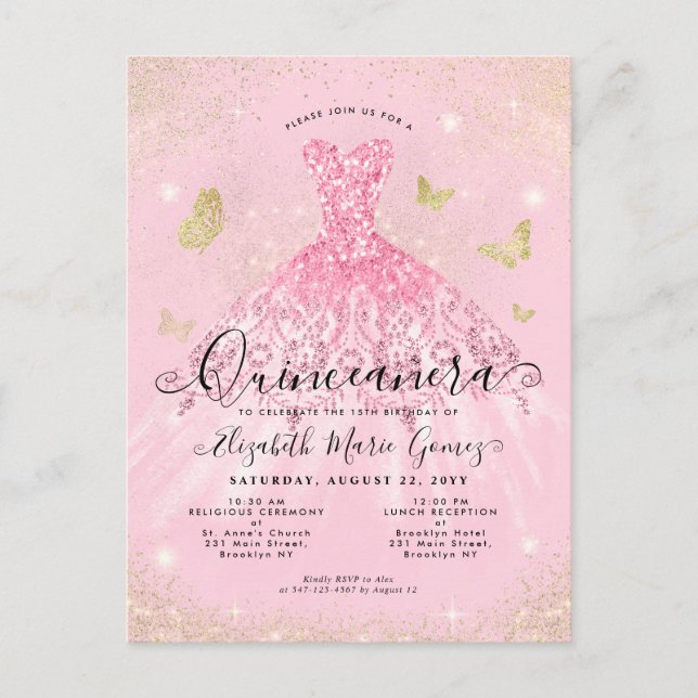 Modern Blush Pink Gold Glitter Gown Quinceanera Postcard (Front)