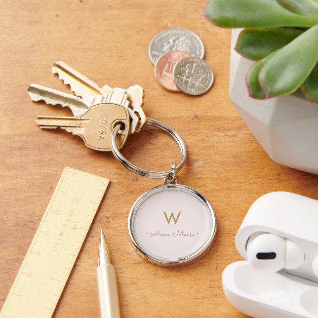 Modern Blush Pink Gold Minimalist Monogram Key Ring (Desk)