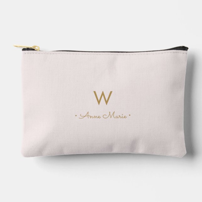Modern Blush Pink Gold Script Monogram Accessory Pouch (Front)