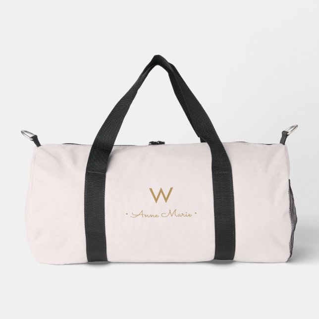 Modern Blush Pink Gold Script Monogram Duffle Bag (Front)