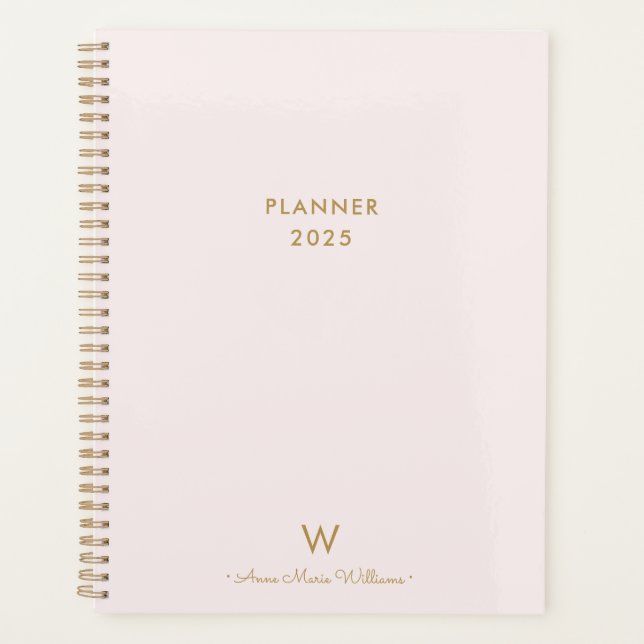 Modern Blush Pink Gold Script Monogram Planner (Front)