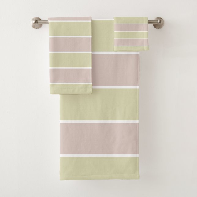 Modern Blush Pink Green Stripes Pattern Bath Towel Set (Insitu)