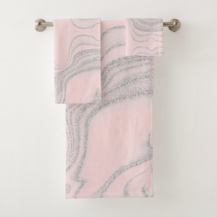 Modern blush pink grey abstract marble pattern bath towel set