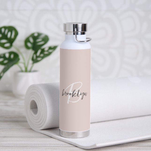 Modern Blush Pink Grey Script Monogram Name Water Bottle (Yoga (Rotated))