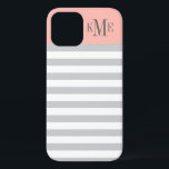 Modern Blush Pink Grey Stripes Custom Monogram iPhone 12 Case<br><div class="desc">Dress up and protect your iphone with a simple, modern and stylish striped pattern design that is custom monogrammed with your first, middle and last name initials in a preppy serif font. Light grey and white horizontal stripes contrasted with a light blush pink / peach colour block background. Dark charcoal...</div>
