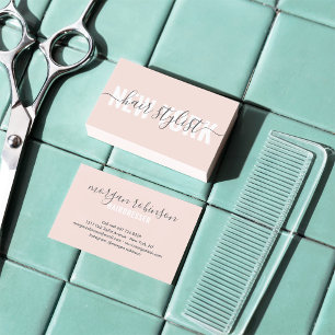 Modern blush pink hair stylist script signature business card
