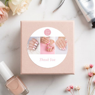 Modern Blush Pink Logo Photo Nail Salon Thank You Classic Round Sticker