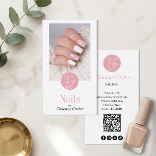 Modern Blush Pink Logo QR Code Photo Nail Salon Business Card