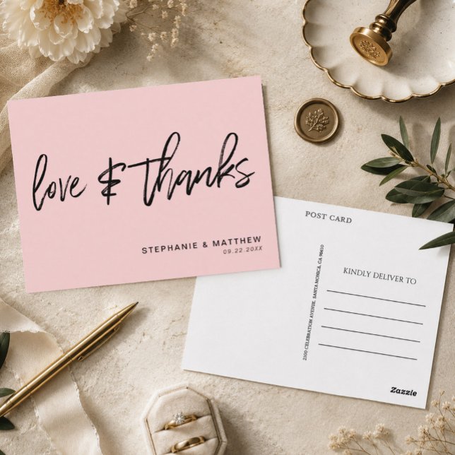 Modern Blush Pink Love and Thanks Wedding Postcard (Send a sweet and budget-friendly note of appreciation with this romantic blush pink)