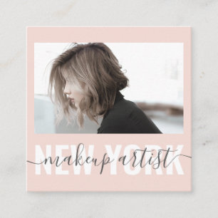 Modern blush pink makeup artist signature photo square business card