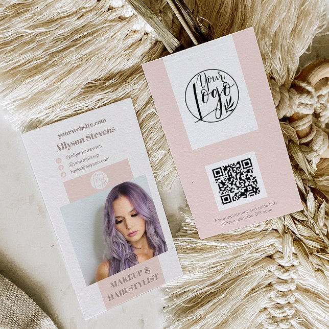 Modern blush pink makeup hair photo qr code logo business card (Creator Uploaded)