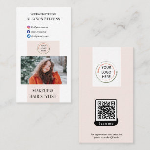 Modern Blush Pink Makeup Hair Stylist Photo QR Cod Business Card