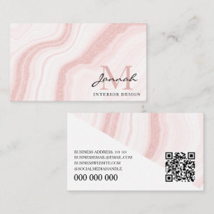 Modern Blush Pink Marble QR Code Interior Design Business Card