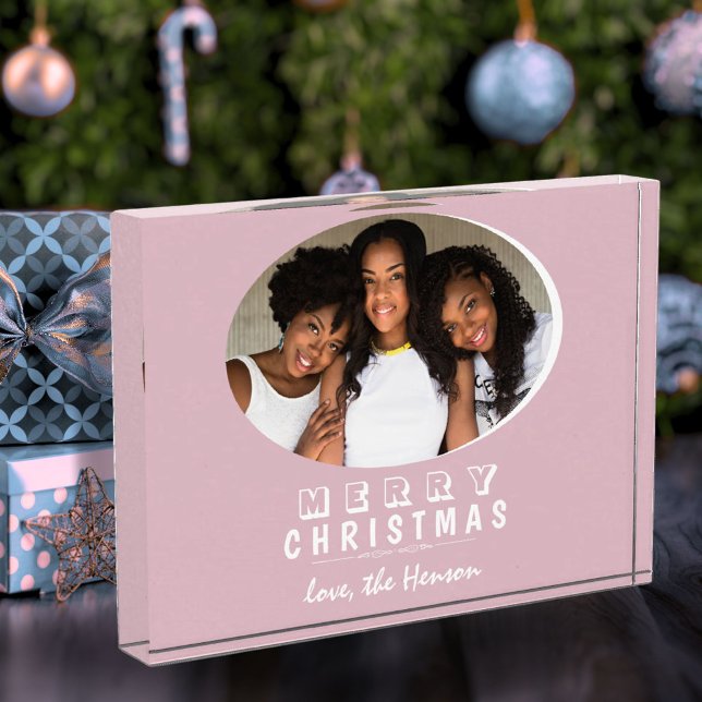 Modern Blush Pink Merry Christmas Holiday Photo Block (Creator Uploaded)