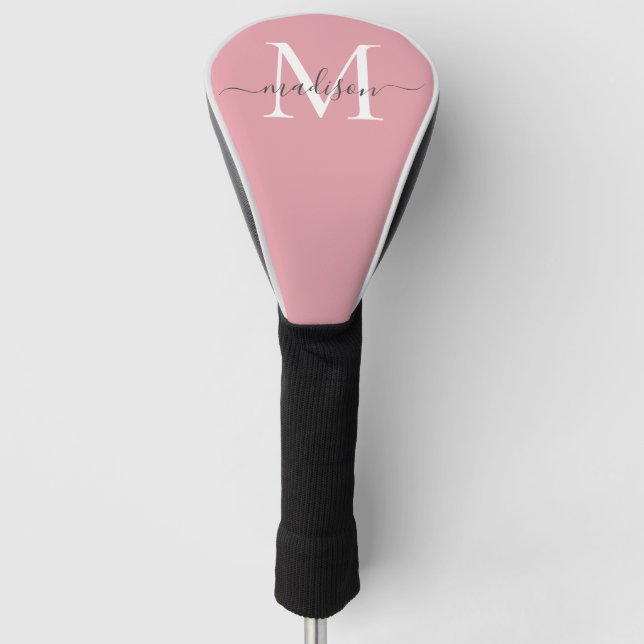 Modern Blush Pink Monogram Girly Chic Grey Script Golf Head Cover (Front)