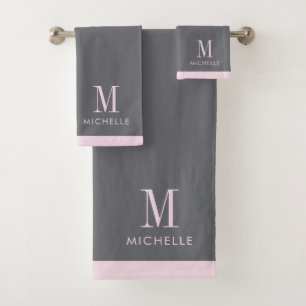 Modern Blush Pink Monogram Grey Bath Towel Set