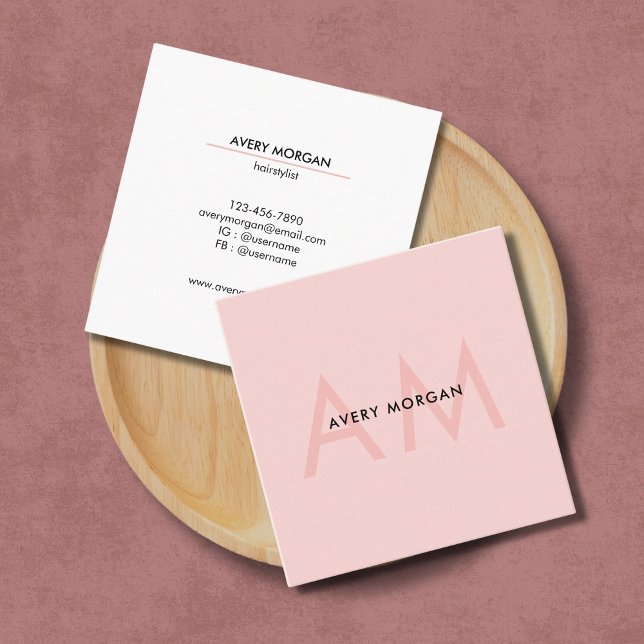 Modern Blush Pink Monogram Initials Hair Stylist Square Business Card (Creator Uploaded)