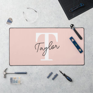 Modern Blush Pink Monogram Name Feminine Script Desk Mat