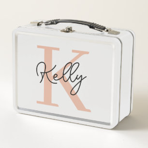 Modern Blush Pink Monogram Script Metal Lunch Box