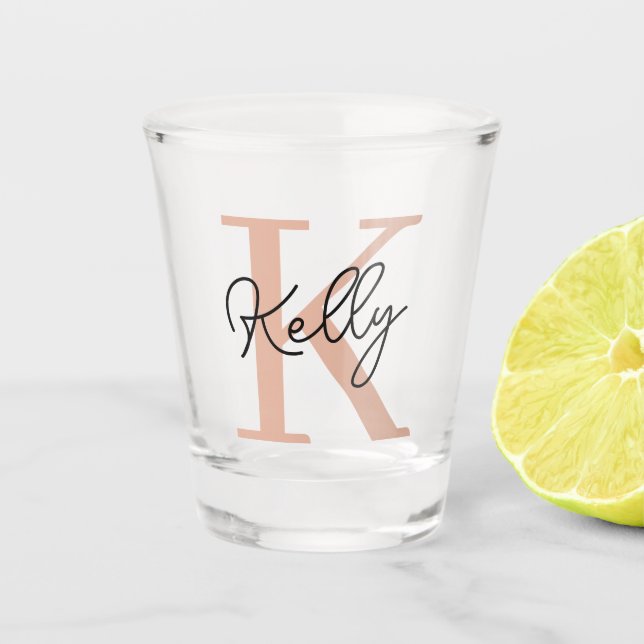 Modern Blush Pink Monogram Script Shot Glass (Front)