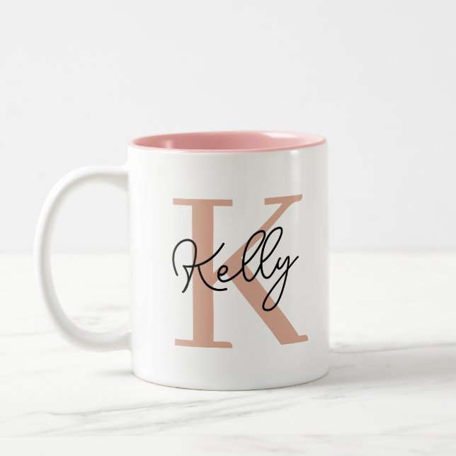 Modern Blush Pink Monogram Script Two-Tone Coffee Mug (Left)