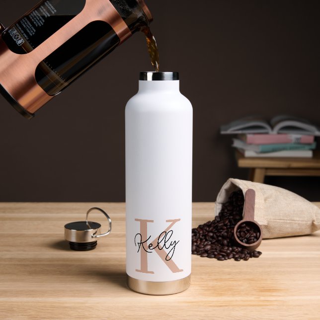 Modern Blush Pink Monogram Script Water Bottle (Coffee)