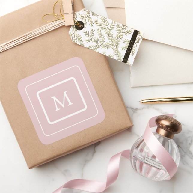 modern blush pink monogram square sticker (Gifting)