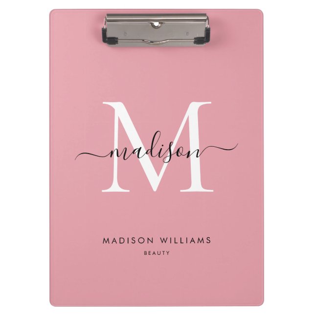 Modern Blush Pink Monogram Stylish Script Name Clipboard (Front)