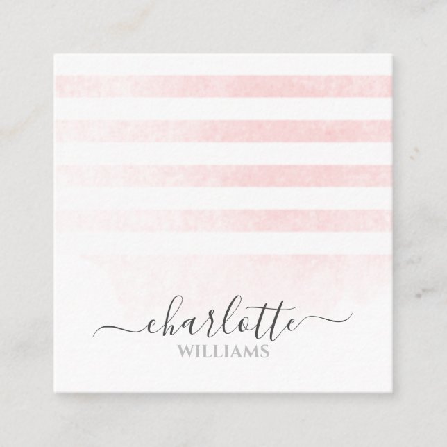 Modern Blush Pink Ombre White Strips Signature Square Business Card (Front)