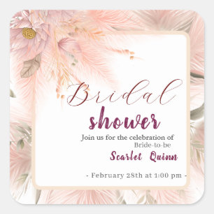 Modern blush pink pampas grass bridal brunch square sticker