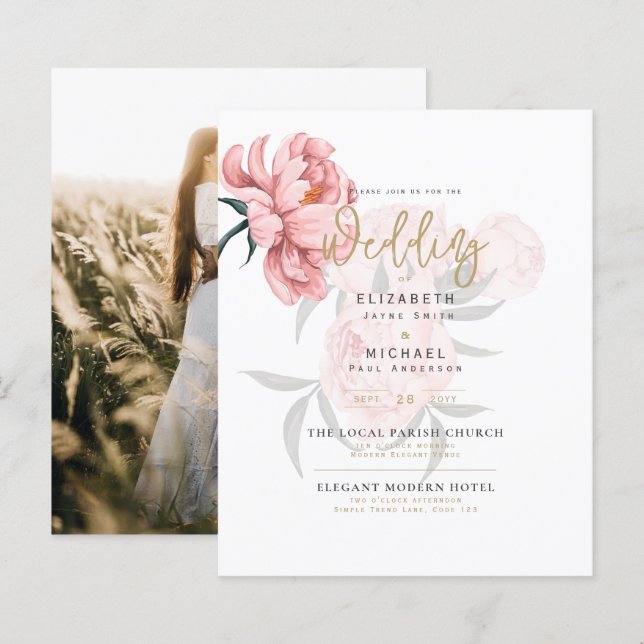 Modern Blush Pink Peonies Floral Wedding Invite (Front/Back)