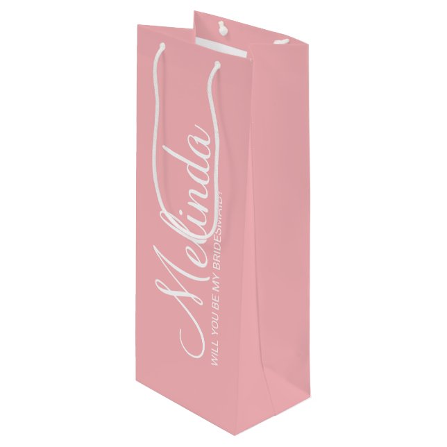 Modern Blush Pink Personalised Bridesmaid Proposal Wine Gift Bag (Front Angled)