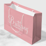 Modern Blush Pink Personalised Bridesmaids Large Gift Bag<br><div class="desc">Modern Personalised Bridesmaids Gifts
featuring personalised bridesmaid's name in white modern calligraphy font style with title and wedding date in white modern sans serif font style on blush pink background.

Also perfect for Maid of Honour,  Flower Girl,  Mother of the Bride and more.</div>